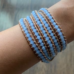 VICTORIA EMERSON Light Blue Bead and Brown Genuine Leather Wrap Bracelet.